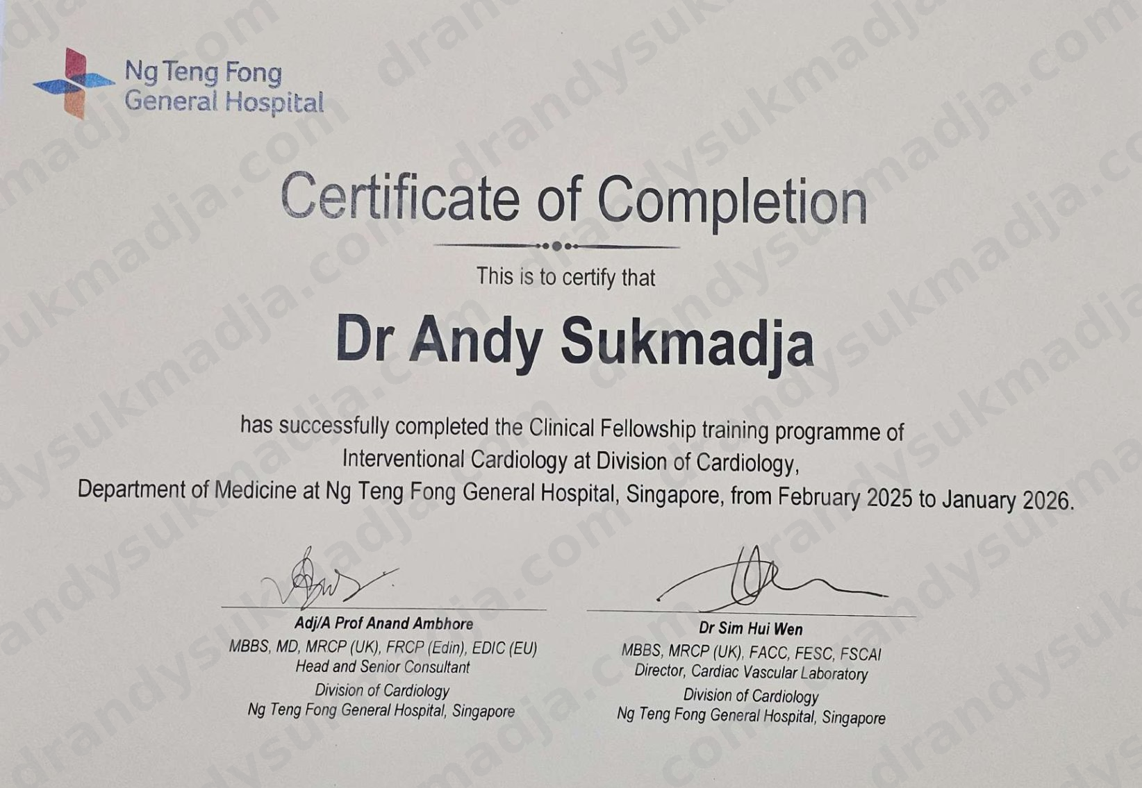 Certificate of Completion — Interventional Cardiology Fellowship, Ng Teng Fong General Hospital, Singapore