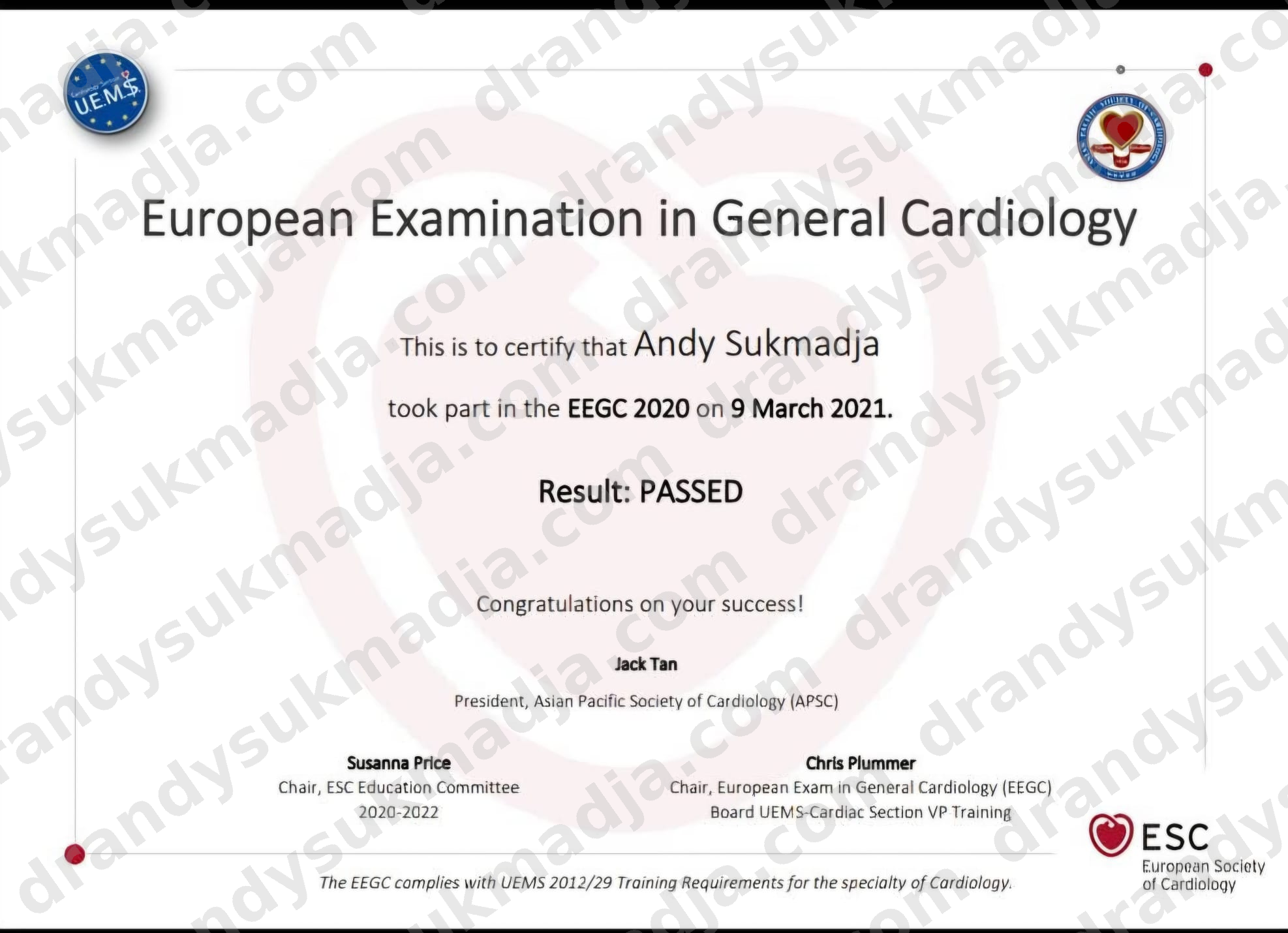 European Examination in General Cardiology EEGC 2021 Passed